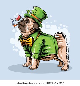 St. Patrick's Day the cute pug smokes a cigar