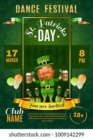 St patricks day dance festival poster with leprechaun, beer, balloons, irish flags, human silhouettes vector illustration