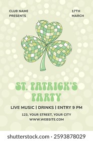 St. Patrick's Day dance party invitation template. Poster, flyer with sparkling green disco clover, disco background.