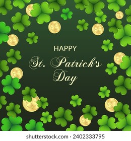 St. Patrick's Day, dark green background with shamrock leaves and golden coins. Postcard, banner, poster, vector