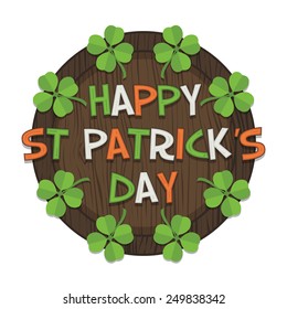 st patricks day decoration with four leafed clover and lettering on wood, isolated on white