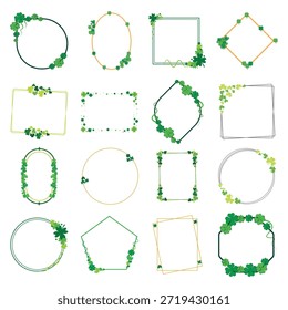 Colección decorativa de la frontera del Día de San Patricio. Marcos florales de Vector con trébol verde y remolinos para el diseño de tarjetas de felicitación.