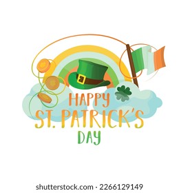St. Patrick's Day design element for a greeting cards, postcard, flyer, containing text and hand drawn holiday symbols and attributes.