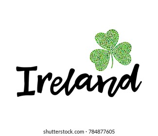 St. Patrick's Day design element with clover on white background. Clover mosaic icon. Ireland lettering.