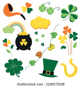 St. Patrick's Day design elements and photo booth props. Saint patrick's day icons set: hat, bowler hat with coins, clover, pipe, horseshoe, shamrock glasses. Vector illustration on cartoon style