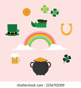 St Patrick's Day design elements. Set of rainbow, pot of gold, clover, horeshoe, beer, hat, shoes and lucky coin. 