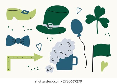 Conjunto de elementos de design do Dia de São Patrício. Ilustração vetorial em estilo cartoon em fundo isolado. Banner festivo para 17 de março. Folha de trevo desenhada à mão, trevo, bandeira, balão, sapato, caneca de cerveja, chapéu