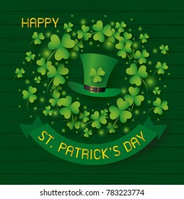 St Patrick's day design of hat and clover leaves on wood background vector illustration