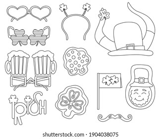 St. Patrick's Day design outline elements set. Coloring page Happy St. Patrick's Day. Vector flat illustration