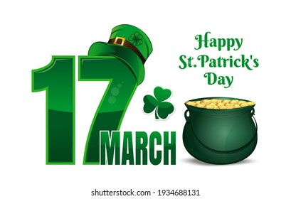 Diseño del Día de San Patricio con olla de leprechaun dorado. 17 de marzo. Feliz Día de San Patricio. Ilustración del vector