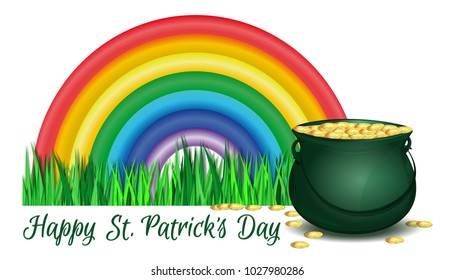 St. Patricks Day design with rainbow and a magic pot of gold. Happy St. Patrick's Day. Vector illustration