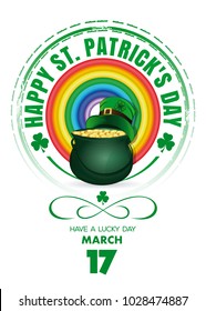 St. Patricks Day design with rainbow and a magic pot of gold. Happy St. Patrick's Day. Usable for banners, greeting cards, flyers and posters. Vector illustration