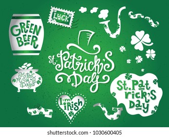 St. Patrick's Day design set, hand-drawn lettering and illustrations. Mustache, pipe, puff of smoke, a barrel of beer, heart, four leaf clover, stamp with the inscription luck. Vector illustration