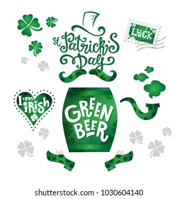 St. Patrick's Day design set, hand-drawn lettering and illustrations. Mustache, pipe, puff of smoke, a barrel of beer, heart, four leaf clover, stamp with the inscription luck. Vector illustration