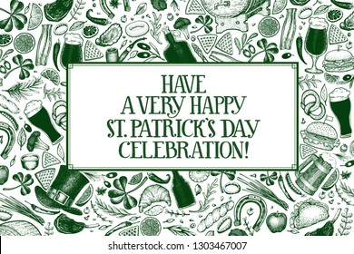 St. Patricks day design template. Vector hand drawn illustrations. Irish retro background. Can be use for menu cover or packaging.
