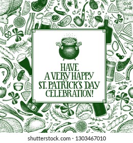 St. Patricks day design template. Vector hand drawn illustrations. Irish retro background. Can be use for menu cover or packaging.
