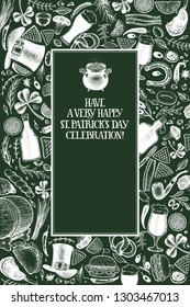 St. Patricks day design template. Vector hand drawn illustrations on green chalk board. Irish retro background.
