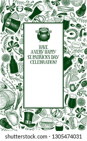 St. Patricks Day Design Template. Vector Hand Drawn Illustrations. Irish Retro Background. Can Be Use For Menu Cover Or Packaging.