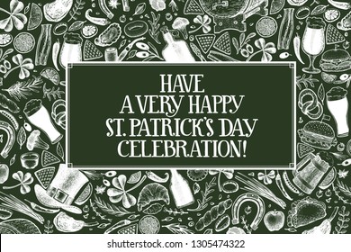 St. Patricks day design template. Vector hand drawn illustrations on green chalk board. Irish retro background.