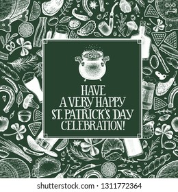 St. Patricks day design template. Vector hand drawn illustrations on green chalk board. Irish retro background.