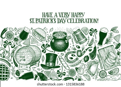 St. Patricks day design template. Vector hand drawn illustrations. Irish retro background. Can be use for menu cover or packaging.