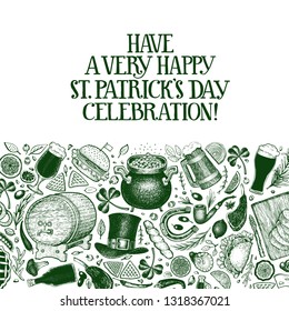 St. Patricks day design template. Vector hand drawn illustrations. Irish retro background. Can be use for menu cover or packaging.