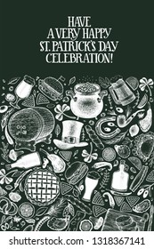 St. Patricks day design template. Vector hand drawn illustrations on chalk board. Irish retro background. Can be use for menu cover or packaging.