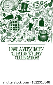 St. Patricks day design template. Vector hand drawn illustrations. Irish retro background. Can be use for menu cover or packaging.