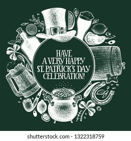 St. Patricks day design template. Vector hand drawn illustrations on chalk board. Irish retro background. Can be use for menu cover or packaging.