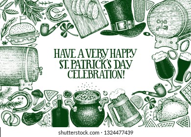 St. Patricks day design template. Vector hand drawn illustrations. Irish retro background. Can be use for menu cover or packaging.