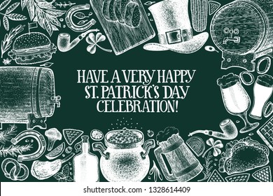 St. Patricks day design template. Vector hand drawn illustrations on chalk board. Irish retro background. Can be use for menu cover or packaging.
