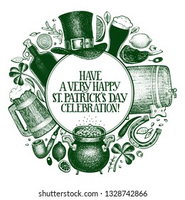 St. Patricks day design template. Vector hand drawn illustrations. Irish retro background. Can be use for menu cover or packaging.