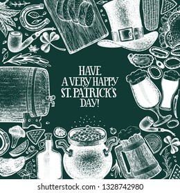 St. Patricks day design template. Vector hand drawn illustrations on chalk board. Irish retro background. Can be use for menu cover or packaging.
