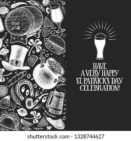 St. Patricks day design template. Vector hand drawn illustrations on chalk board. Irish retro background. Can be use for menu cover or packaging.