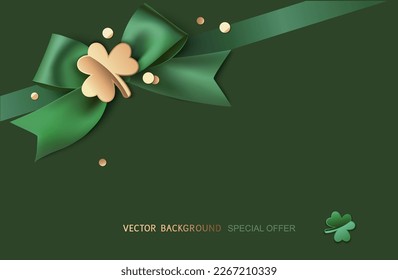 St Patrick's day design template. Green bow with clover leaves on the corner. Green background with gold coins. Vector stock illustration.