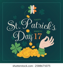 St. Patrick's Day design vector illustration. Irish holiday square banner, flyer, or party invitation card with leprechaun treasures, coins, lucky four-leaf clover, and lettering Happy St Patrick day