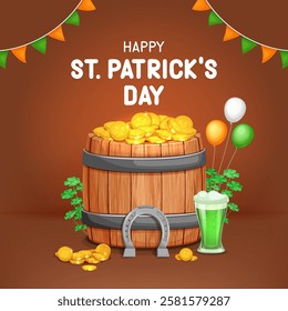 st patricks day design with wooden barrel filled with golden coins, drinks, shamrock, horseshoe and balloons on brown background