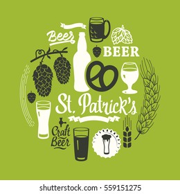 St. Patrick's Day. Different types of beer, cider and snack in sketch style. Round composition for pub menu. Vector illustration with drinks on white background.