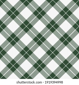 St. Patricks day dioganal tartan plaid. Scottish pattern in green and white cage. Scottish cage. Traditional Scottish checkered background. Seamless fabric texture. Vector illustration