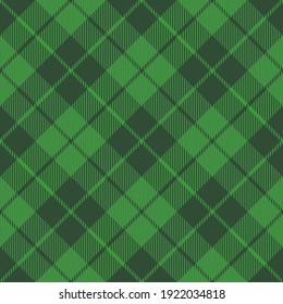 St. Patricks day dioganal tartan plaid. Scottish pattern in green and dark green cage. Scottish cage. Traditional Scottish checkered background. Seamless fabric texture. Vector illustration