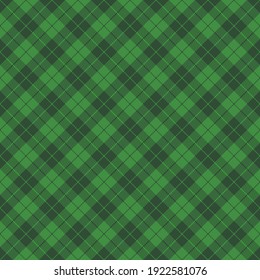 St. Patricks day dioganal tartan plaid. Scottish pattern in green and dark green cage. Scottish cage. Traditional Scottish checkered background. Seamless fabric texture. Vector illustration