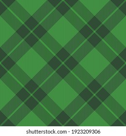 St. Patricks day dioganal tartan plaid. Scottish pattern in green and dark green cage. Scottish cage. Traditional Scottish checkered background. Seamless fabric texture. Vector illustration