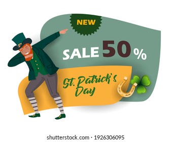 St. Patrick's Day discount and sale sticker with Irish fantastic character Leprechaun. Special offer banner Vector design