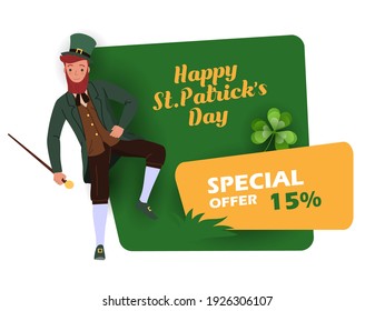 St. Patrick's Day discount and sale sticker with Irish fantastic character Leprechaun. Special offer banner Vector design