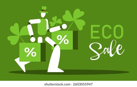 St. Patrick's Day discounts. AI Robot in leprechaun costume with sale bags. Flat vector illustration.