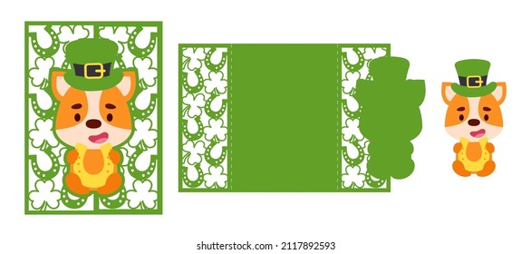 St. Patrick's Day dog laser cutting invitation card template. Paper cut out silhouette for plotter and silk screen printing. Vector stock illustration.