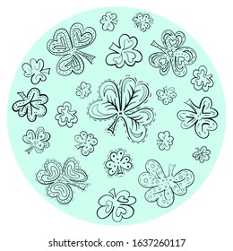 St. Patrick's day doodle background with clover making a circle. Hand drawn vecotor illustration in trendy colors.