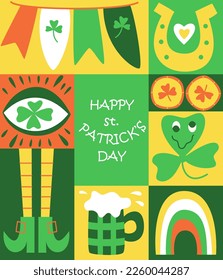 St Patrick's Day doodle greeting card. Trippy style. Fun Irish holiday celebration. Great for postcard, invitation, print, t-shirts, background, festive decor. Trendy y2k retro hippie print. Vector