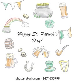 St. Patrick's day doodle hand drawn vector set.