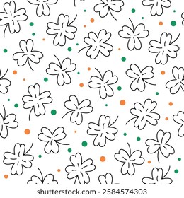 St Patricks Day doodle pattern with shamrocks. Seamless white background and clover leaves. Saint Patricks March 17 holiday backdrop. Vector flat illustration.